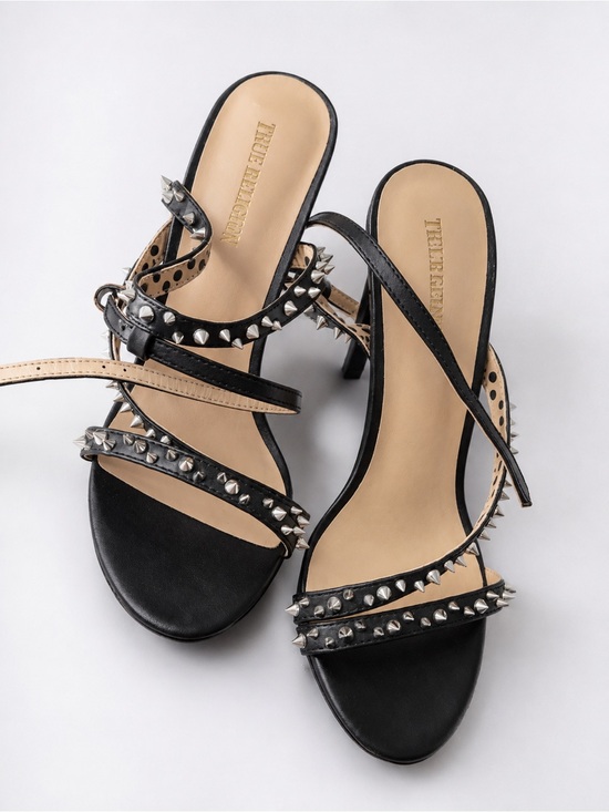 True Religion Shoes - True Religion Black Studded Strappy Heels with Silver Spikes
